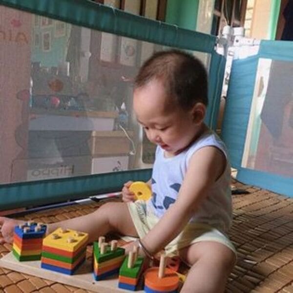 bé chơi bộ đồ chơi thả hình khối 5 cọc Montessori